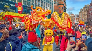 London’s Chinese New Year GRAND PARADE 2024 in Chinatown for Year of the Dragon 🐉 4K HDR 60FPS [upl. by Kinchen]