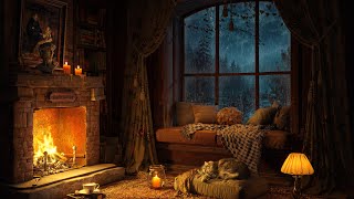 Rainy Night in Cozy Reading Nook 🌧️ Soft Jazz Music 🌧️ Heavy Rain Fireplace Sounds for Sleeping 4K [upl. by Denni188]