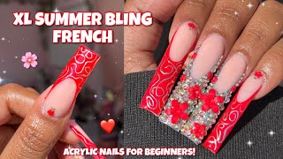 XL RED FLOWER BLING FLOWER FRENCH ✨❤️ Easy Summer Nail Art  Acrylic At Home For Beginners [upl. by Aker890]