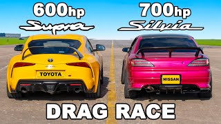 600hp Toyota Supra v 700hp Nissan Silvia DRAG RACE [upl. by Aihseuqram882]