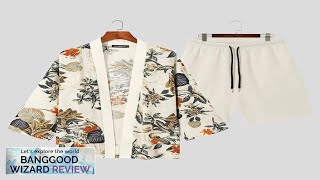 INCERUN Men Sets Printing Streetwear Half Sleeve Open Stitch Shirt Kimono Review [upl. by Attemaj759]