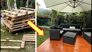 Comment faire une TERRASSE de jardin en PALETTES  DIY Facile amp Pas Cher [upl. by Nyltiac]