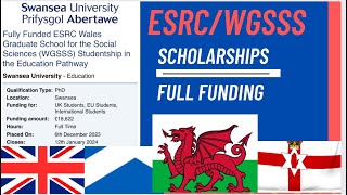 FullyFunded ESRC Wales Graduate School WGSSS Studentship in the Education Pathway [upl. by Arihsay]