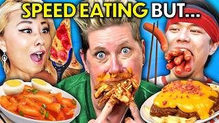 Speed Eating Challenge But They Cant Use Their Hands Matt Stonie Joey Chestnut RainaIsCrazy [upl. by Froh]