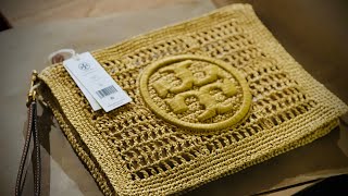 Unboxing Tory Burch Ella Hand Raffia Crochet Wristlet Bag purse wallet [upl. by Eeslehc115]