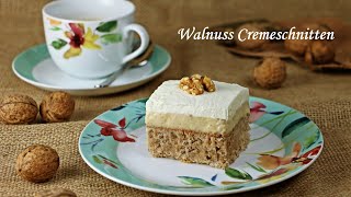 WalnussCremeschnitten  Walnusskuchen mit Puddingcreme  Walnut cake [upl. by Attirehs767]