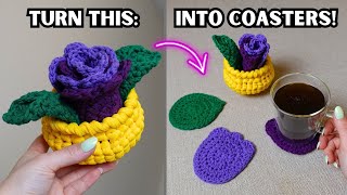 Crochet Tulip Flower Pot Coaster Tutorial 🌷  Brunaticality Crochet [upl. by Dorian651]