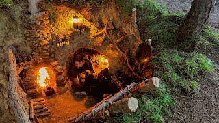 Building UNDERGROUND Bushcraft Shelter for SURVIVAL 5 DAYS Fireplace Mushroom Cooking Camping ASMR [upl. by Yulma]