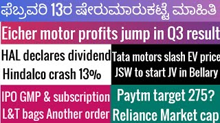 13 February stock market newsEicher MotorHALHindalcoTata motorsJSW steelPaytmRelianceLampT [upl. by Ashford]