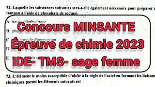 Épreuve de chimie 2023 concours MINSANTE  IDE TMS sage femme aide soignantetc [upl. by Yelrehs]