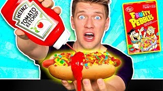 WEIRD Food Combinations People LOVE HOT DOG amp FRUITY PEBBLES Eating Funky Gross DIY Candy Foods [upl. by Illona]