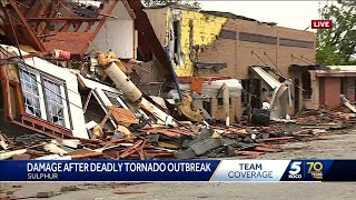 Assessing damage in Sulphur after deadly tornado outbreak in Oklahoma [upl. by Aihsekal]