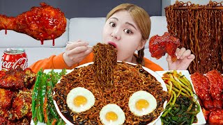 ASMR MUKBANG FRIED CHICKEN amp BLACK BEAN NOODLES by HIU 하이유 [upl. by Bindman]