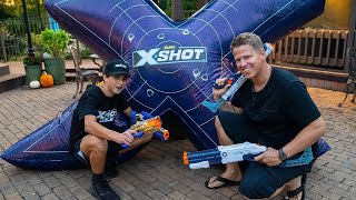 X Shot Blaster VS Card Throwing Trick Shots [upl. by Grevera]