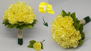 DIY  How To Make Rose With Satin Ribbon Easy  Hand Tied Rose Bouquet Wedding Tutorial [upl. by Gil]