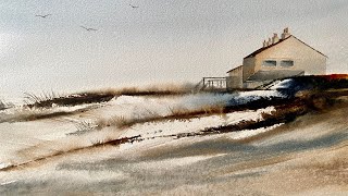 Paint A Simple BEGINNERS LOOSE WATERCOLOR Landscape Painting Coastal COTTAGE amp SAND DUNES DEMO [upl. by Sletten]