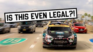 Race Car on the LA Streets Ken Block takes his Hyundai WRC Car out in Los Angeles [upl. by Hendricks]