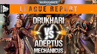 Drukhari vs Adeptus Mechanicus 2000pts  Warhammer 40000 League Report [upl. by Nirtiak]