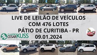 LIVE DE LEILÃO DE VEÍCULOS NO CLAUDIO KUSS COM 476 LOTES 09012024 PÁTIO DE CURITIBA  PR [upl. by Kiona747]