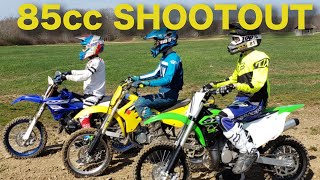 85cc Dirt Bike SHOOTOUT Yamaha YZ 85 vs Suzuki RM 85 vs Kawasaki KX 85  YZ85 RM85 KX85 [upl. by Solitta]