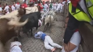 Pamplona festival Four hospitalised in Spains San Fermin bull run [upl. by Apple]