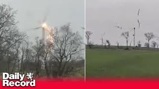 Wind turbine in Ayrshire spins out of control during Storm Gerrit before sparking and breaking apart [upl. by Darnok529]