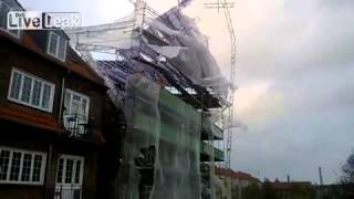 Six storey scaffolding collapses during storm in Denmark [upl. by Droflim937]