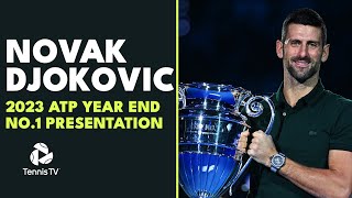 Novak Djokovic Receives 2023 YearEnd No 1 Trophy 🏆  Nitto ATP Finals [upl. by Estele]