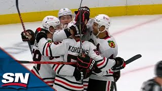 Blackhawks Kevin Korchinski Gets The TipIn Off Raddyshs Skate For First NHL Goal [upl. by Arikat326]