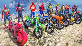 ALL SPIDERMAN Suits Motorcycles Mountain Speed Jump Challenge Competition 124 [upl. by Ardeha596]