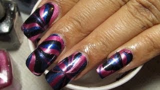 Metallic Pink Black amp Blue  Water Marble March 2013 5  DIY Nail Art Tutorial [upl. by Hoj172]