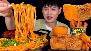 ASMR 고추우동볶음면과 구운유부초밥 통훈제삼겹살 새우튀김 불닭마요 찍먹방 Spicy Noodles With Fried Shrimp Spam Tofu Sushi MuKBang [upl. by Shane232]