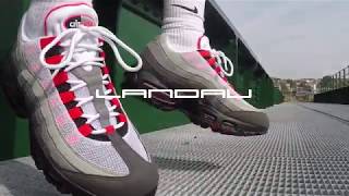 Nike Shoes Mens Air Max 95 OG White Solar Red Granite Dust on feet AT2865 100 [upl. by Mintun]