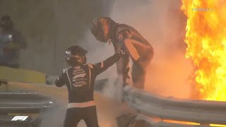 Romain Grosjean walks away from fiery F1 crash in Bahrain Grand Prix [upl. by Ahs481]