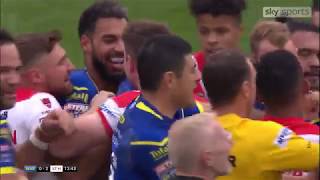 Three yellow cards at once as a high tackle led to a fight in Warringtons game against St Helens [upl. by Htebilil90]