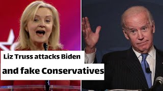 Liz Truss attacks Biden and fake Conservatives as she rants to halfempty crowd [upl. by Naves240]