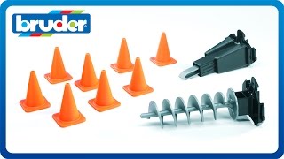 Bruder Toys Accessories Mini Excavators Hyrolic Hammer Auger Pylons 02408 [upl. by Ashraf]