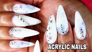 WHITE BLING Sculpted STILETTO ACRYLIC NAILS not polish [upl. by Yrojram]