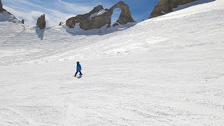 EYE OF THE NEEDLE Blue slope CORNICHE with 5 yr old beginner Tignes Apr 2023 [upl. by Bury]