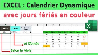 Calendrier dynamique sur Excel avec jours fériés en couleur 👍 [upl. by Ahcas]