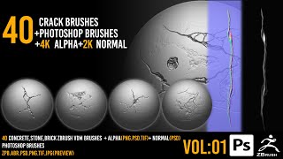 40 Zbrush Crack Brushes  4k alpha  2k normal  Photoshop Brushes  VOL 01 [upl. by Cavil]