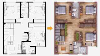 PART 01 Easy Plan Render  Single house plan render in Photoshop [upl. by Tibbitts]