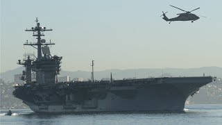 Huge aircraft carrier outbound as helicopters fly over 🇺🇸 ⚓️ [upl. by Nerreg]