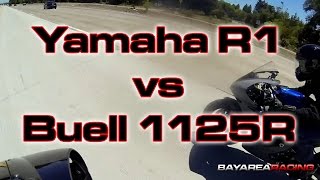 Yamaha R1 vs Buell 1125R  Freeway Pull [upl. by Aneis]