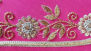 very grand floral aari work hand work blouse design using normal needle on stitched blous [upl. by Sairacaz978]