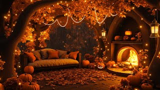 Cozy Autumn Porch Ambience  Crackling Fire amp Soft Rain Sounds  Halloween Relaxation amp Sleep Aid [upl. by Dani]