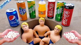 Coca Cola Different Fanta Mtn Dew PepsiSprite and Stretch Armstrong vs Mentos in Big Underground [upl. by Tymon]