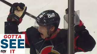 GOTTA SEE IT Tim Stützle Shows Off Incredible HandEye For First NHL Goal [upl. by Nelon]