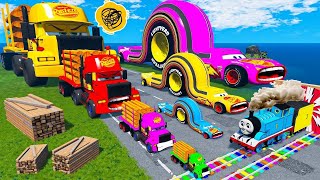 TRANSPORTING PIXAR CARS amp FRUITS WITH COLORED amp JOHN DEERE vs CLAAS vs TRACTORS  BeamNGdrive 982 [upl. by Noyahs655]