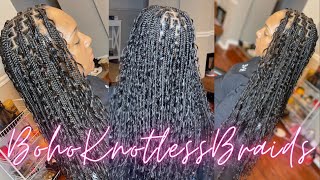 How To Boho Knotless Box Braids With Human Hair Curls  Hair Detals  How Many Pieces Added [upl. by Body611]